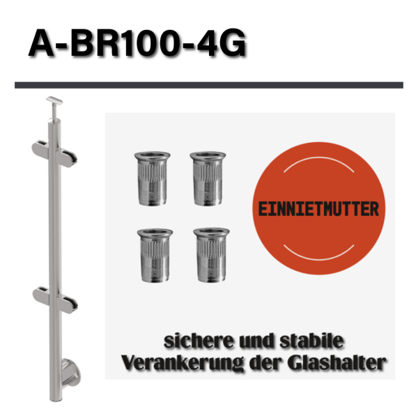 Edelstahl Geländerpfosten Mittelpfosten Ø42,4 Bauhöhe 1000mm mit 4x Glasklemmen 63x45mm vorgesetzt Geländer V2A